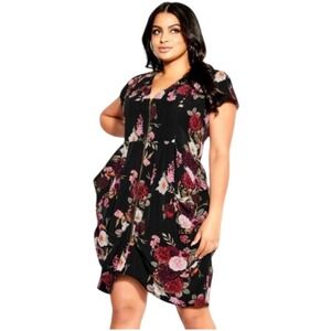 City Chic Floral Zip Front Mini Dress Womens XS 14 Black Pink Peony Excellent